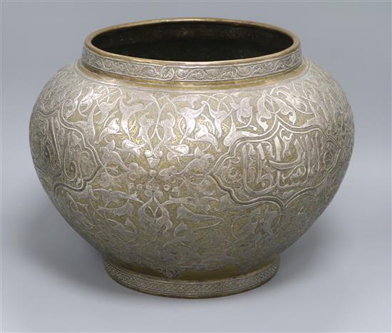 A Persian white metal overlaid brass jardiniere/bowl height 25.5cm